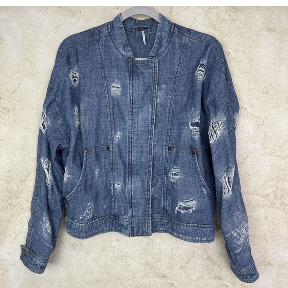 FREE PEOPLE DISTRESSED DENIM BOMBER JACKET - Picture 3 of 15